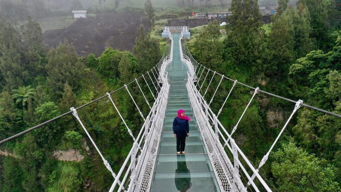 Gubernur Khofifah Indar Parawansa saat meninjau Jembatan Kaca Seruni Point di kawasan Taman Nasional Bromo Tengger Semeru (TNBTS), Kabupaten Probolinggo