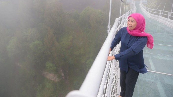 Gubernur Khofifah Indar Parawansa saat meninjau Jembatan Kaca Seruni Point di kawasan Taman Nasional Bromo Tengger Semeru (TNBTS), Kabupaten Probolinggo