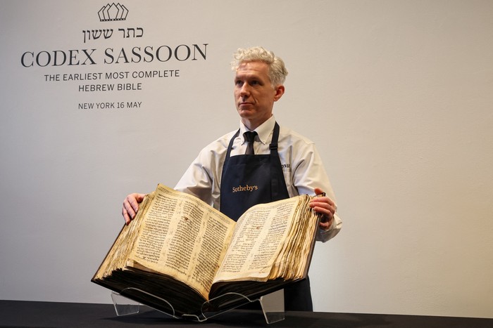 The Codex Sassoon, the earliest and most complete Hebrew Bible ever discovered which is estimated to sell for between $30 million and $50 million, is displayed at Sothebys in New York City, New York U.S., February 15, 2023. REUTERS/Brendan McDermid