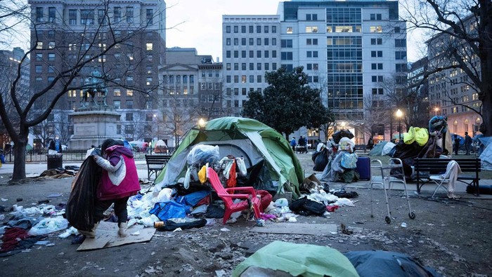 WASHINGTON, DC - FEBRUARY 15:  Belongings that occupants have left behind are seen as the National Park Service clear the homeless encampment at McPherson Square on February 15, 2023 in Washington, DC. The National Park Service, under the request of the DC government, cleared the largest homeless encampment in the city that was once occupied by about 70 people.  (Photo by Alex Wong/Getty Images)