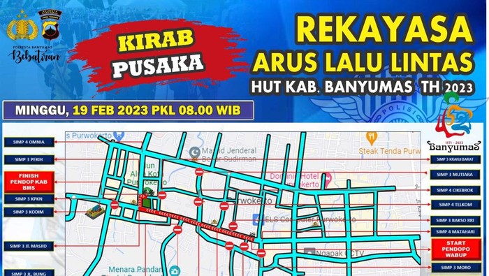 Skema pengalihan arus lalu lintas saat kirab pusaka Hari Jadi ke-452 Kabupaten Banyumas, Minggu (19/2/2023).