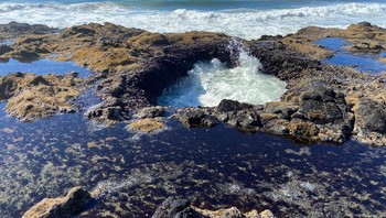 Ditemukan di Cape Perpetua Scenic Area di sepanjang pantai Oregon, Amerika Serikat, Sumur Thor terlihat sangat berbeda tergantung waktu atau lebih tepatnya pasang surut. Foto: Atlas Obscura