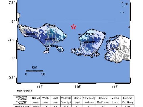 Gempa M 4,9 di Lombok Utara. (BMKG Bali)