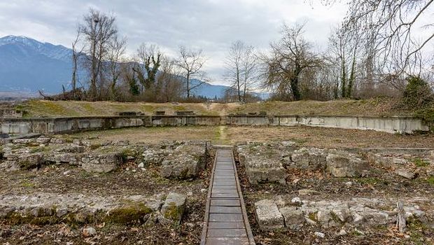 DION, GREECE - FEBRUARY 12: The Roman Theatre at the Archaeological Park of Dion on February 12, 2023 in Dion, Greece. The Archaeological Park of Dion is the most important archaeological site at Mount Olympus in Greece. In the Archaeological Park of Dion  sanctuaries were found from the Hellenistic and Roman periods. The park displays the importance of ancient Dion in the history of Pieria. (Photo by Athanasios Gioumpasis/Getty Images)