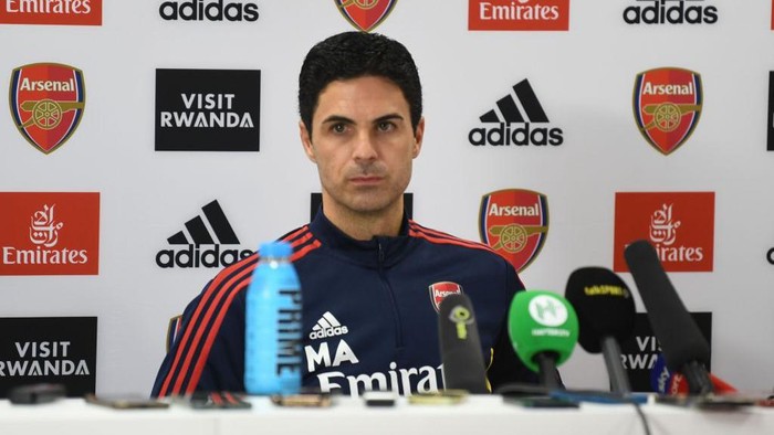 ST ALBANS, ENGLAND - FEBRUARY 17: Arsenal manager Mikel Arteta holds a press conference at London Colney on February 17, 2023 in St Albans, England. (Photo by Stuart MacFarlane/Arsenal FC via Getty Images)