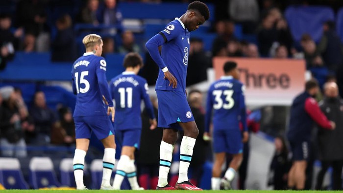 LONDON, ENGLAND - FEBRUARY 18: Benoit Badiashile of Chelsea reacts during the Premier League match between Chelsea FC and Southampton FC at Stamford Bridge on February 18, 2023 in London, England. (Photo by Julian Finney/Getty Images)