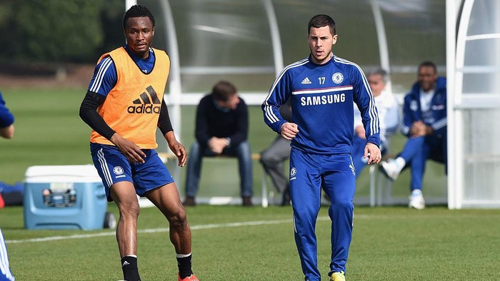 Chelseas John Obi Mikel, Eden Hazard during a training session at the Cobham Training Ground on 14th March 2014 in Cobham, England.  (Photo by Darren Walsh/Chelsea FC via Getty Images)