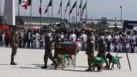 Upacara pemakaman digelar atas gugurnya Proteo. Proteo adalah salah satu dari lebih dari selusin anjing yang dikirim oleh Meksiko ke Turki bersama 130 personel militer untuk membantu operasi penyelamatan dan pemulihan di sana. Anjing-anjing penyelamat dari Meksiko yang terkenal dilatih oleh Kementerian Pertahanan dan militer. Ismael Rosas/ Eyepix Group/Future Publishing/Getty Images  