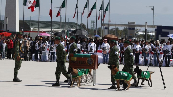 MEXICO CITY, MEXICO - FEBRUARY 16, 2023: Mexicos military perform a ceremony for the arrival of the remains of 'Proteo', the rescue dog of the Mexican army that helped save lives in the earthquake in Turkey, at the Santa Lucia Airport. On February 16, 2023 in Mexico City, Mexico. (Photo credit should read Ismael Rosas/ Eyepix Group/Future Publishing via Getty Images)
