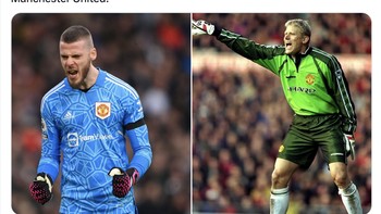 Dengan 180 clean sheet, David De Gea kini setara dengan Peter Schmeichel, kiper andalan MU di masa lalu. Foto: Twitter