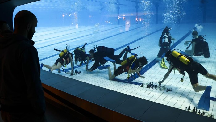 Serunya Bermain Catur Sambil Menyelam, Berani Coba? LUBLIN, POLAND - FEBRUARY 9: People participate in the underwater chess class during a diving course at the swimming pool in Lublin, Poland on February 9, 2023. Diving chess is one of the activities during the diving course for youth organising by Dive Service company and a league of this sport discipline starts in the city. (Photo by Jakub Porzycki/Anadolu Agency via Getty Images)