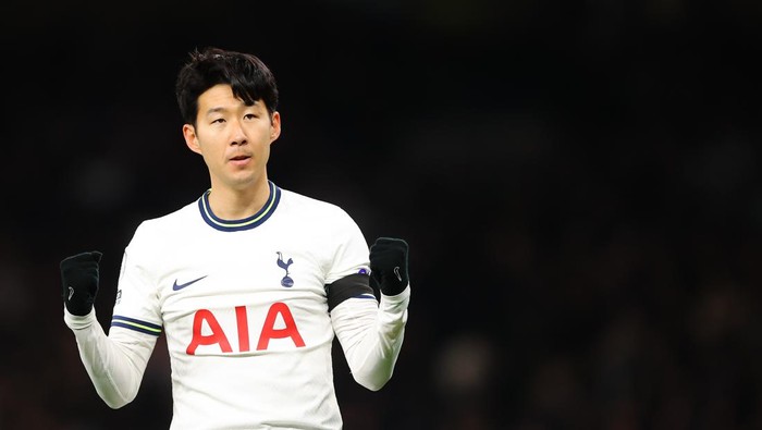 LONDON, ENGLAND - FEBRUARY 19: Son Heung-Min of Tottenham Hotspur celebrates after scoring his sides second goal during the Premier League match between Tottenham Hotspur and West Ham United at Tottenham Hotspur Stadium on February 19, 2023 in London, England. (Photo by James Gill - Danehouse/Getty Images)