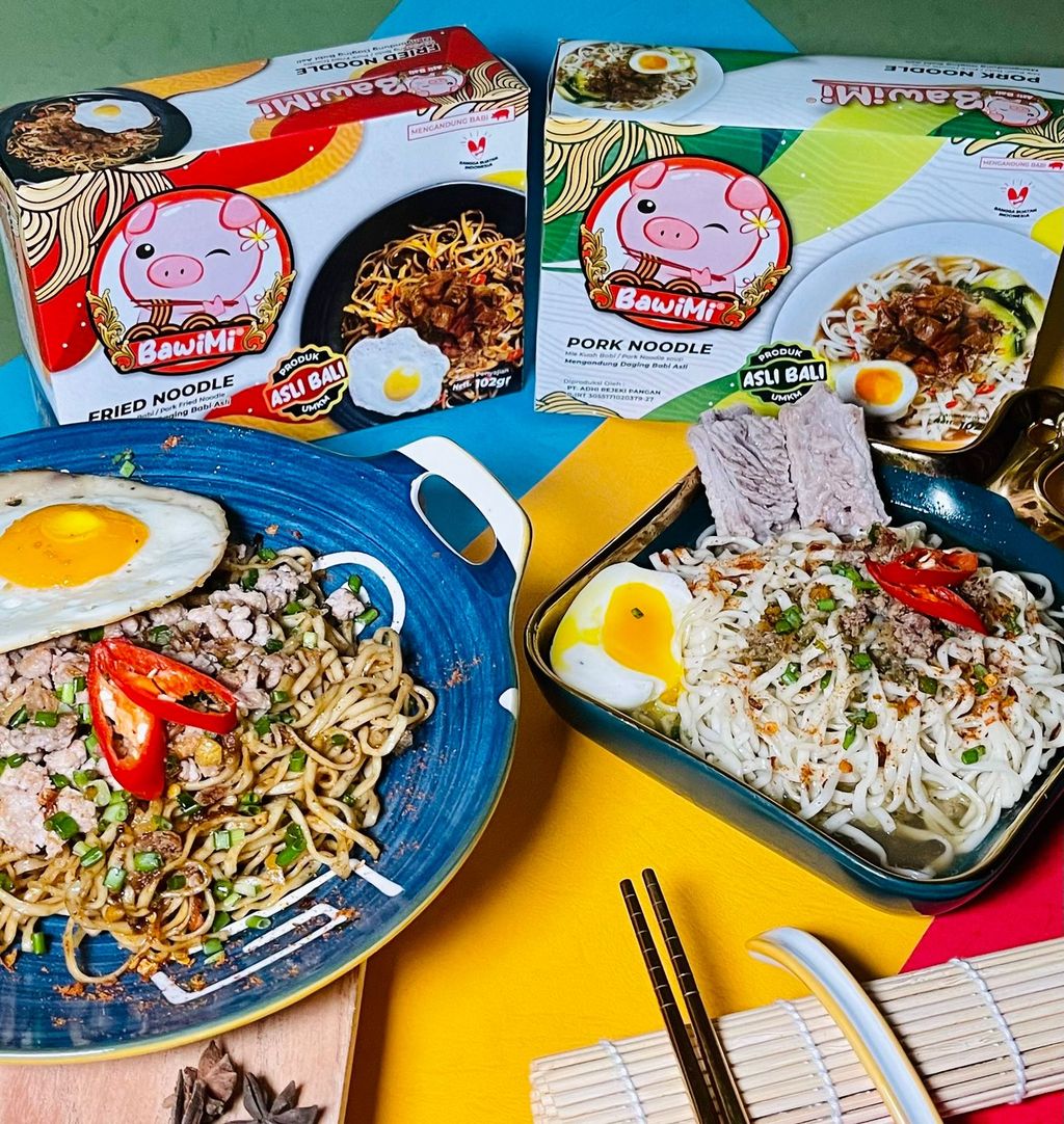 Tampilan BawiMi, bakmi instan babi dengan mengkombinasikan 18 rempah-rempah menjadi base genep. (IST)
