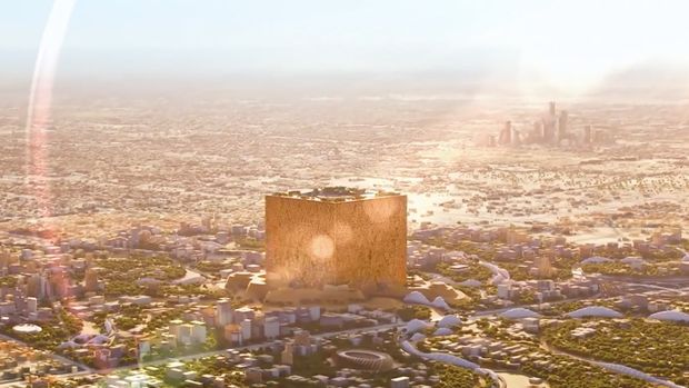 Putra Mahkota Saudi Mohammed bin Salman (MbS) akan membangun gedung raksasa berbentuk kubus atau The Mukaab yang dikritik sejumlah pihak sebagai Ka'bah baru. (Tangkapan layar newmurabba.com)