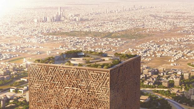 Putra Mahkota Saudi Mohammed bin Salman (MbS) akan membangun gedung raksasa berbentuk kubus atau The Mukaab yang dikritik sejumlah pihak sebagai Ka'bah baru. (Tangkapan layar newmurabba.com)
