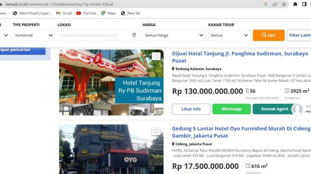 Contoh pabrik dan hotel yang dijual di Lamudi. (Tangkapan Layar Lamudi)