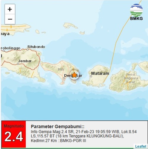 Gempa berkekuatan magnitudo 2,4 mengguncang Klungkung, Bali, Selasa (21/2/2023) pukul 20.05 Wita.