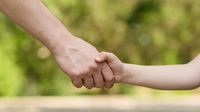 Man and young boy handshake over the green