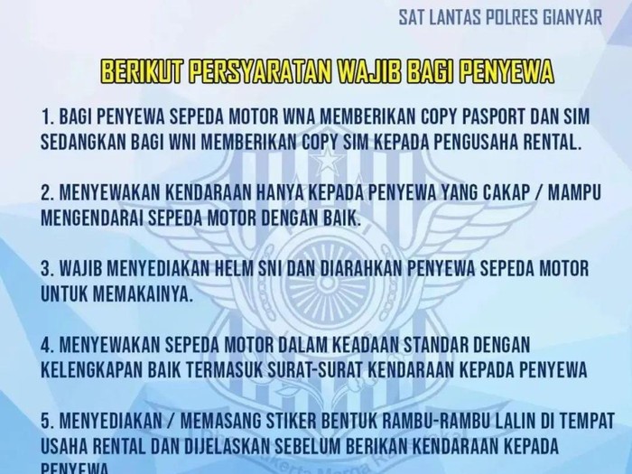 Imbauan Satlantas Polres Gianyar kepada pemilik rental sepeda motor.