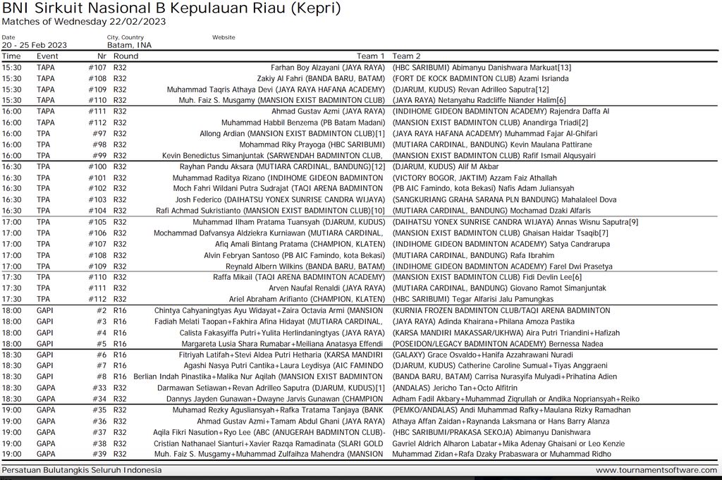 Jadwal Hari 3, BNI Sirnas B Batam 2023, BNI Sirnas 2023
