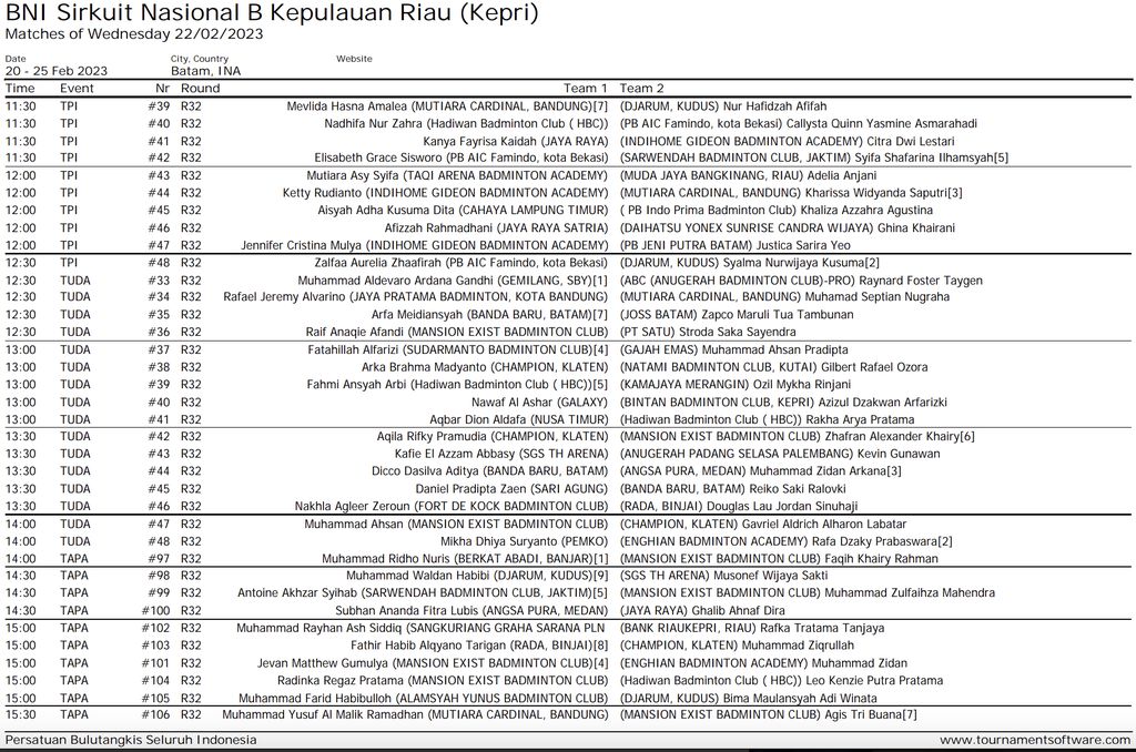 Jadwal Hari 3, BNI Sirnas B Batam 2023, BNI Sirnas 2023