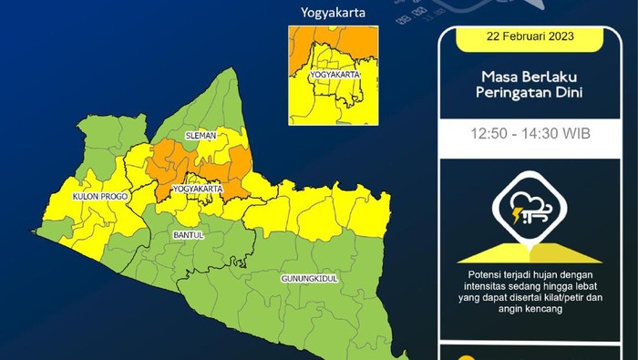 Peringatan Dini Cuaca Jogja: Hujan Lebat Disertai Kilat Siang Ini, Selasa (22/2/2023).