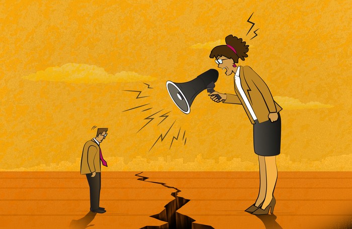 Angry woman shouting at man with megaphone. (Used clipping mask)
