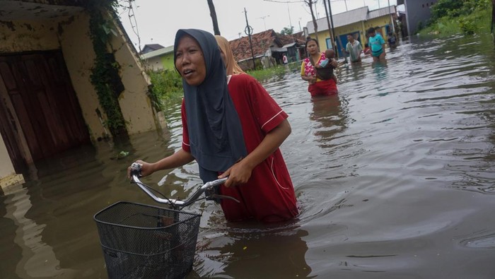 Banjir Rendam Permukiman Warga di Pekalongan Warga berjalan melewati banjir di Tirto, Pekalongan, Jawa Tengah, Kamis (23/2/2023). Berdasarkan data BPBD Kota Pekalongan, hujan deras dan lebat disertai angin kencang pada Rabu (22/3) mengakibatkan sejumlah sungai di Kota Pekalongan meluap yang berdampak beberapa wilayah banjir dengan ketinggian antara 10-50 centimeter. ANTARA FOTO/Harviyan Perdana Putra/rwa.