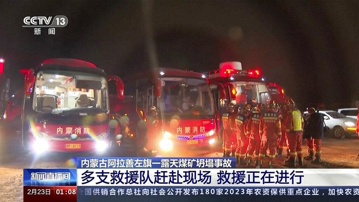 China Mine Collapse In this image taken from video footage run by China's CCTV, rescuers gather at the site of a mine collapse in Alxa League in northern China's Inner Mongolia, Wednesday, Feb. 22, 2023. An open pit mine collapsed in China's northern Inner Mongolia region on Wednesday, killing several people and leaving dozens missing, state media reported. (CCTV via AP)