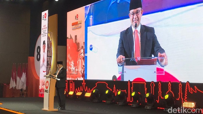 Anies Baswedan di Rakernas PKS 2023 (Dwi R/detikcom)