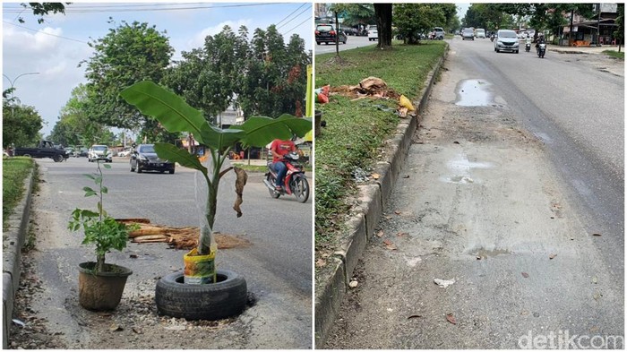 Jalan rusak di Pekanbaru ditanami pohon pisang diperbaiki. (Raja Adil/detikSumut)