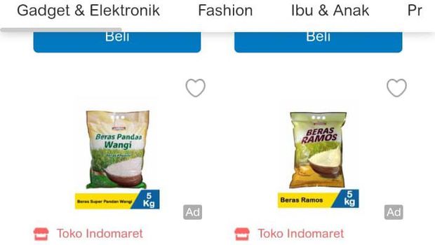 Penjualan beras via online di salah satu swalayan. (Tangkapan layar)