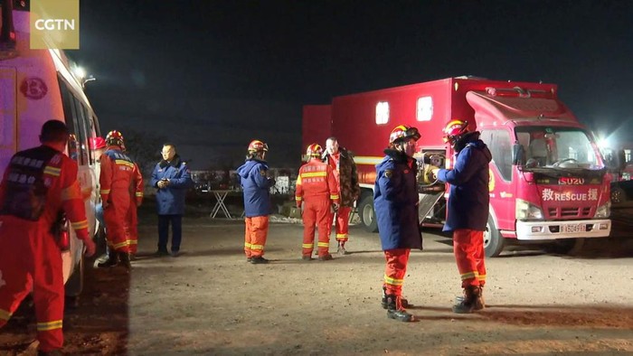 Rescue workers are seen at the site of a collapsed coal mine in Alxa League, Inner Mongolia Autonomous Region, China, in this screengrab taken from a video shot February 23, 2023. CGTN/Handout via REUTERS