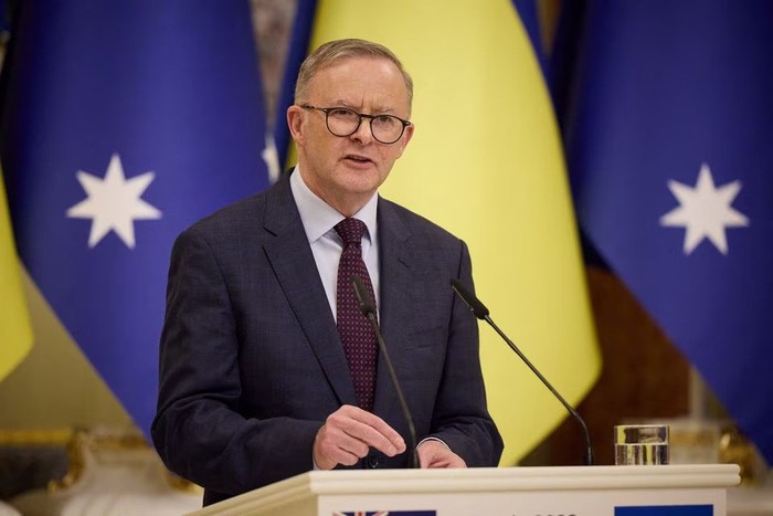 Australian Prime Minister Anthony Albanese attends a joint news briefing with Ukrainian President Volodymyr Zelenskiy (not pictured), as Russias attack on Ukraine continues, during a parliament session in Kyiv, Ukraine July 3, 2022. Ukrainian Presidential Press Service/Handout via REUTERS