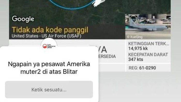 tangkapan layar aplikasi flighradar24 yang menunjukkan pesawat AS berputar-putar di atas langit Blitar