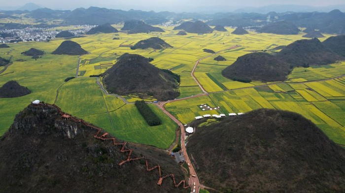 1469350036 LUOPING, CHINA - FEBRUARY 24: Aerial view of blooming rapeseed flowers at Jinji Fengcong Scenic Area on February 24, 2023 in Luoping County, Qujing City, Yunnan Province of China. (Photo by Li Jiaxian/China News Service/VCG via Getty Images)