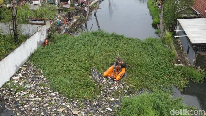TNI dan warga membersihkan eceng gondok di aliran Sungai Bremi, Kabupaten Pekalongan, Sabtu (25/2/2023).