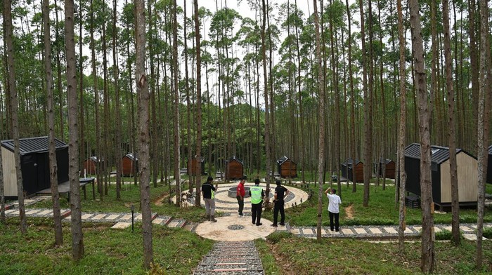 Pengunjung melihat lokasi glamping di Kawasan Inti Pusat Pemerintahan (KIPP) Ibu Kota Negara (IKN) Nusantara, Penajam Paser Utara, Kalimantan Timur, Sabtu (25/2/2023). Area glamping yang beberapa waktu lalu digunakan untuk menginap oleh Presiden Joko Widodo saat kunjungan kerjanya ke IKN tersebut terdiri dari 17 kamar berbentuk kabin yang dibangun di tengah hutan dengan konsep ekowisata. ANTARA FOTO/Indrianto Eko Suwarso/aww.