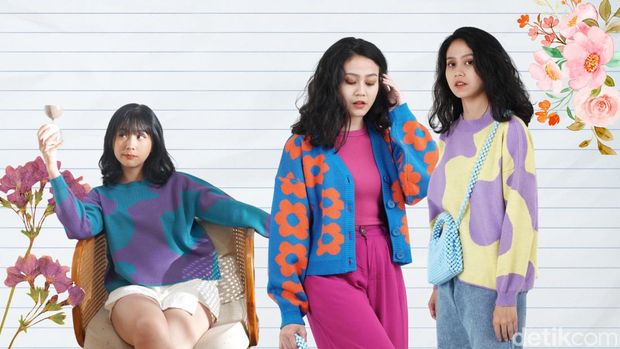 Pede Tabrak Warna dengan Sweater Rajut Berpola Quirky.