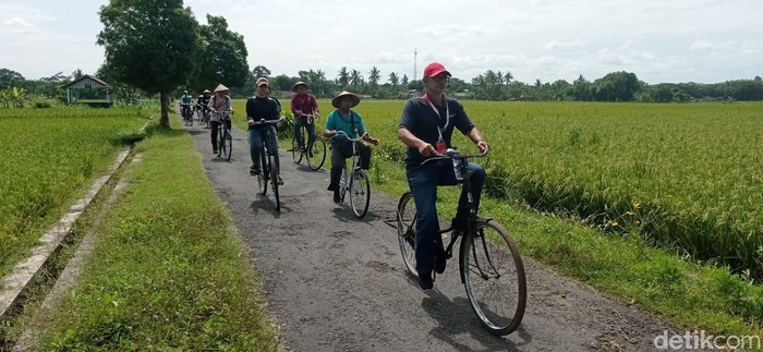 Wisatawan saat bersepeda keliling desa di Sentolo, Kulon Progo, Minggu (26/2/2023).