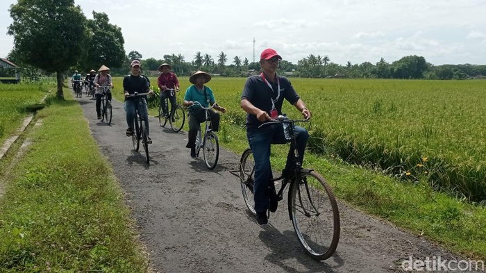 Wisatawan saat bersepeda keliling desa di Sentolo, Kulon Progo, Minggu (26/2/2023).