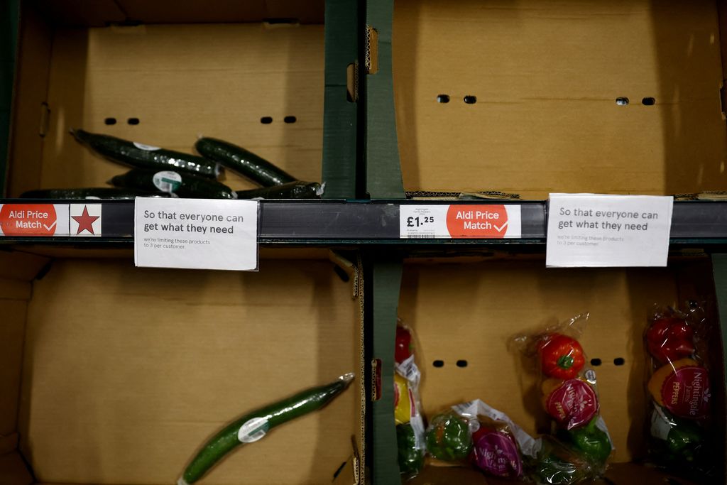 Empty boxes of vegetables are seen in Tesco, Hanley, Staffordshire, Britain, February 27, 2023. REUTERS/Carl Recine