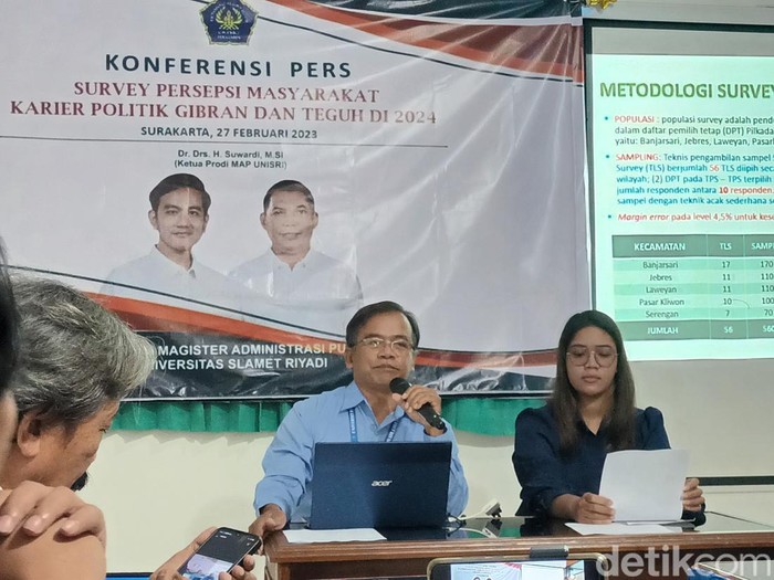 Ketua Prodi MAP Unisri Solo, Suwardi, saat merilis hasil survei di kampus Unisri, Senin (27/2/2023).