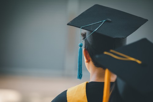 The back of the graduates are walking to attend the graduation ceremony at the university,Concept of Successful Education in Hight School,Congratulated Degree