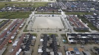 Foto udara Perumahan Puri Nirwana yang terdampak banjir di Karang Bahagia, Cikarang Utara, Kabupaten Bekasi, Jawa Barat, Selasa (28/2/2023).