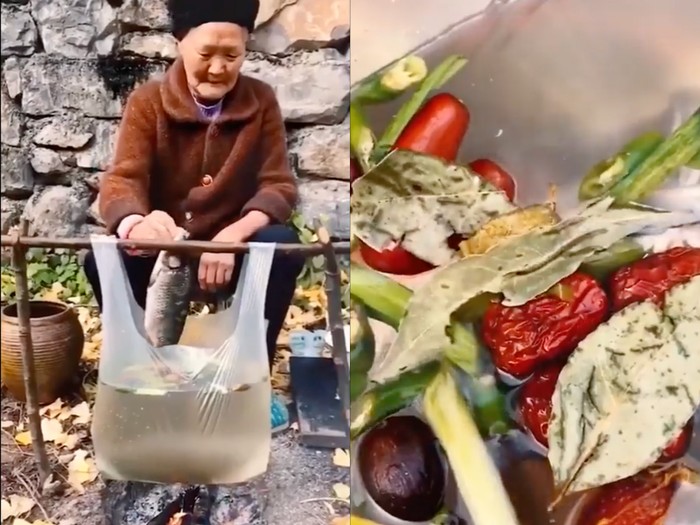 Viral! Nenek Ini Santai Masak Sup Ikan Pakai Kantong Plastik
