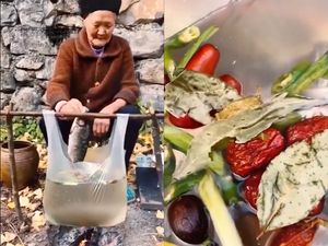 Viral! Nenek Ini Santai Masak Sup Ikan Pakai Kantong Plastik