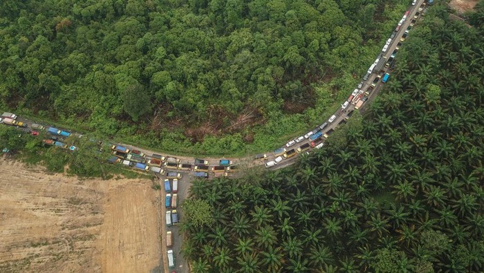 Foto udara antrean kendaraan yang didominasi truk bermuatan batu bara saat terjebak kemacetan di Jalan Lintas Sarolangun-Muara Tembesi, Batanghari, Jambi, Rabu (1/3/2023). Ribuan kendaraan terjebak macet parah hingga 20 jam karena truk bermuatan batu bara masih diizinkan melewati jalan nasional setempat.