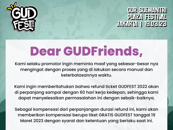 Permintaan maaf Gudfest karena belum refund semua uang tiket calon penonton.
