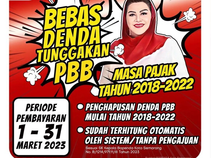 Tangkapan layar pengumuman bebas denda tunggakan PBB masa pajak tahun 2018-2022 di Kota Semarang, Rabu (1/3/2023).